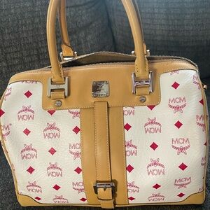 Authentic MCM Tan and White Boston bag with PinkRed Accents